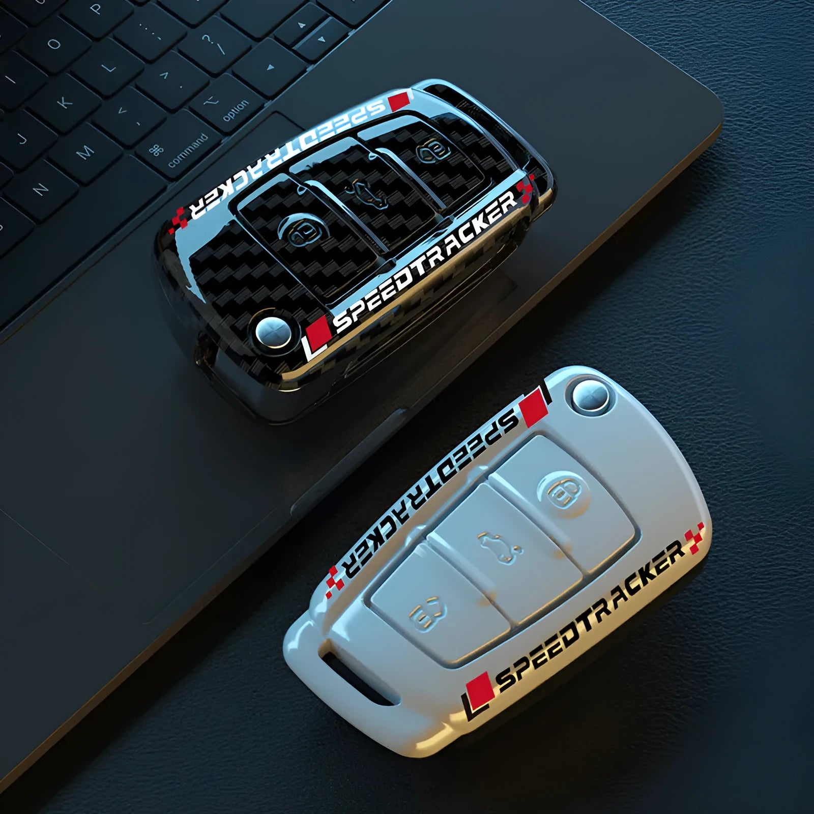 Carbon fibre style car key cover with mirror element in carbon black colour
