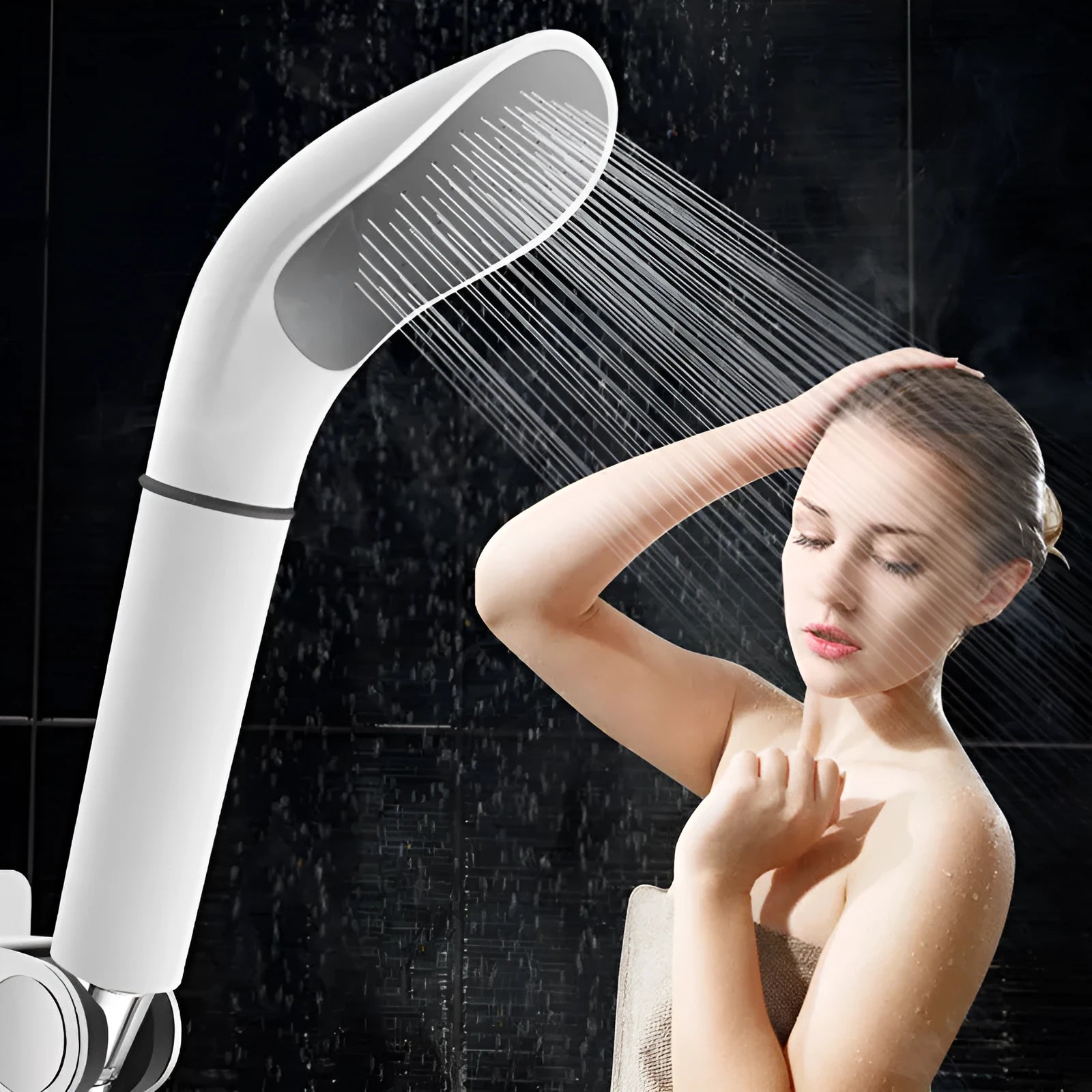 Water saving filter shower head in black with built-in filter element for rain-style bathroom showers