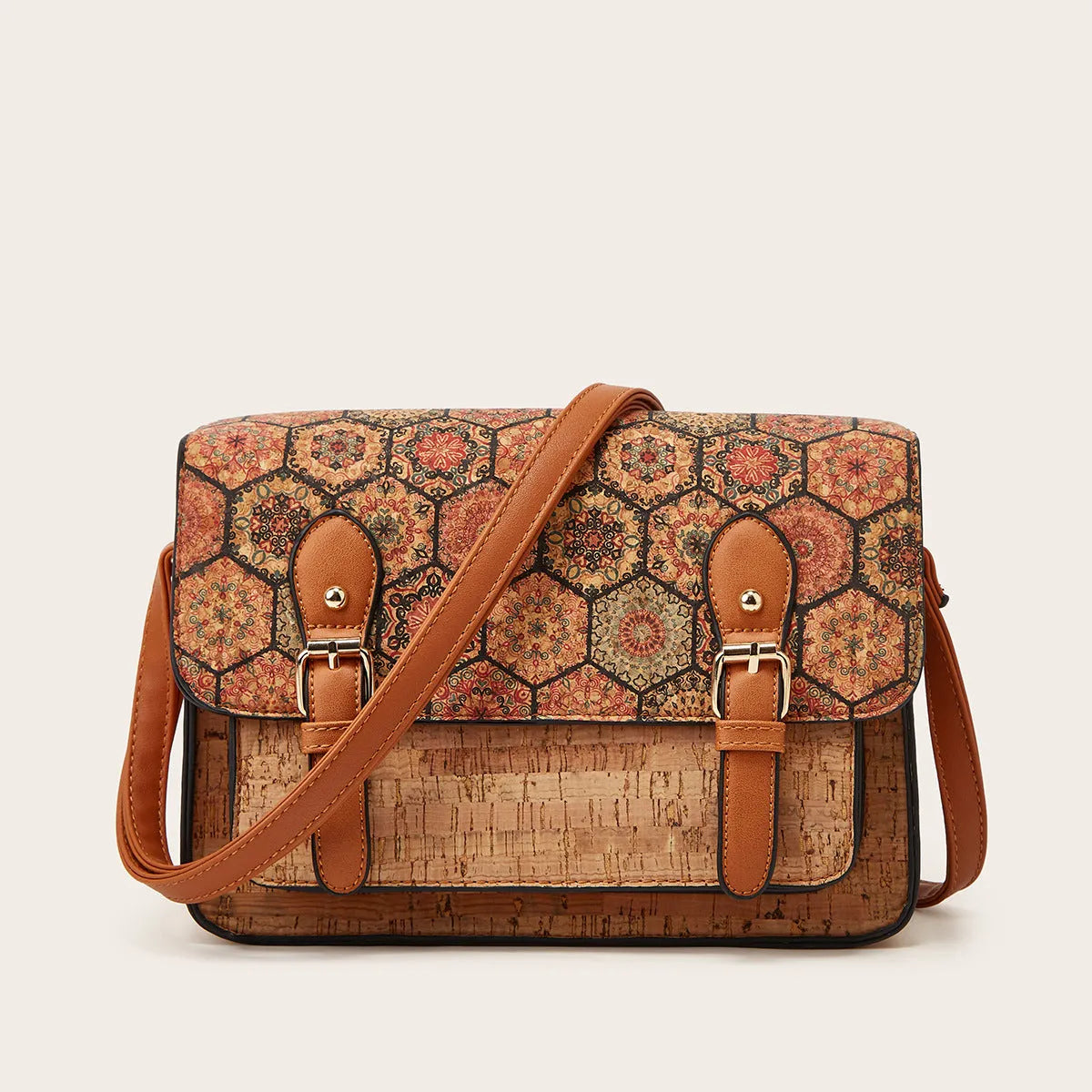 Women's large capacity one-shoulder crossbody bag in PU leather, showing the adjustable strap and one of the four available print designs.