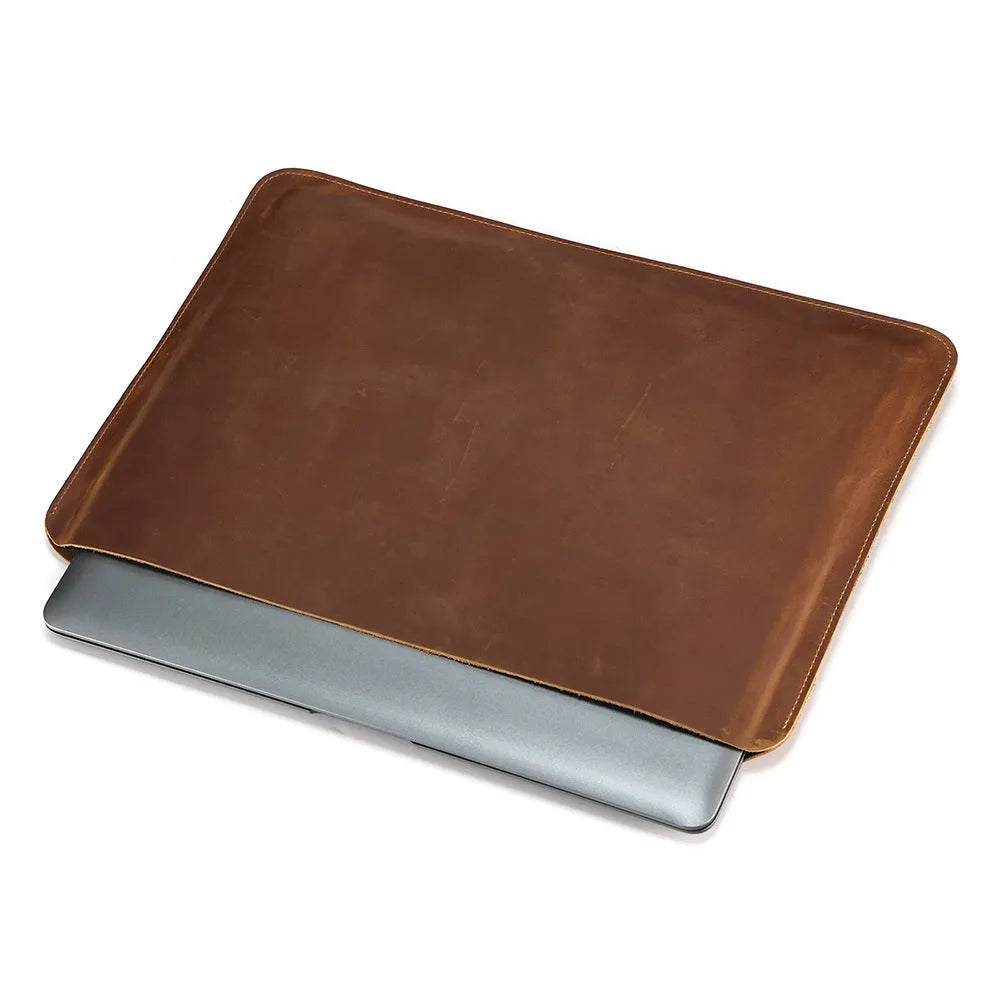 Genuine crazy horse leather computer liner bag in brown colour showing organisational compartments
