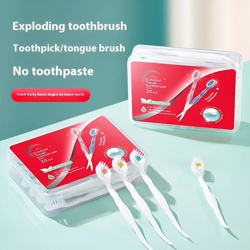 Box containing 20 disposable bead toothbrushes for travel and portable oral hygiene