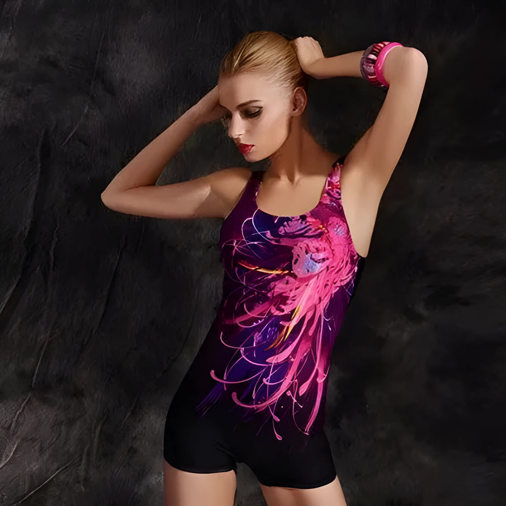 Black and blue professional one-piece swimsuit for women, sleeveless with conservative cut.