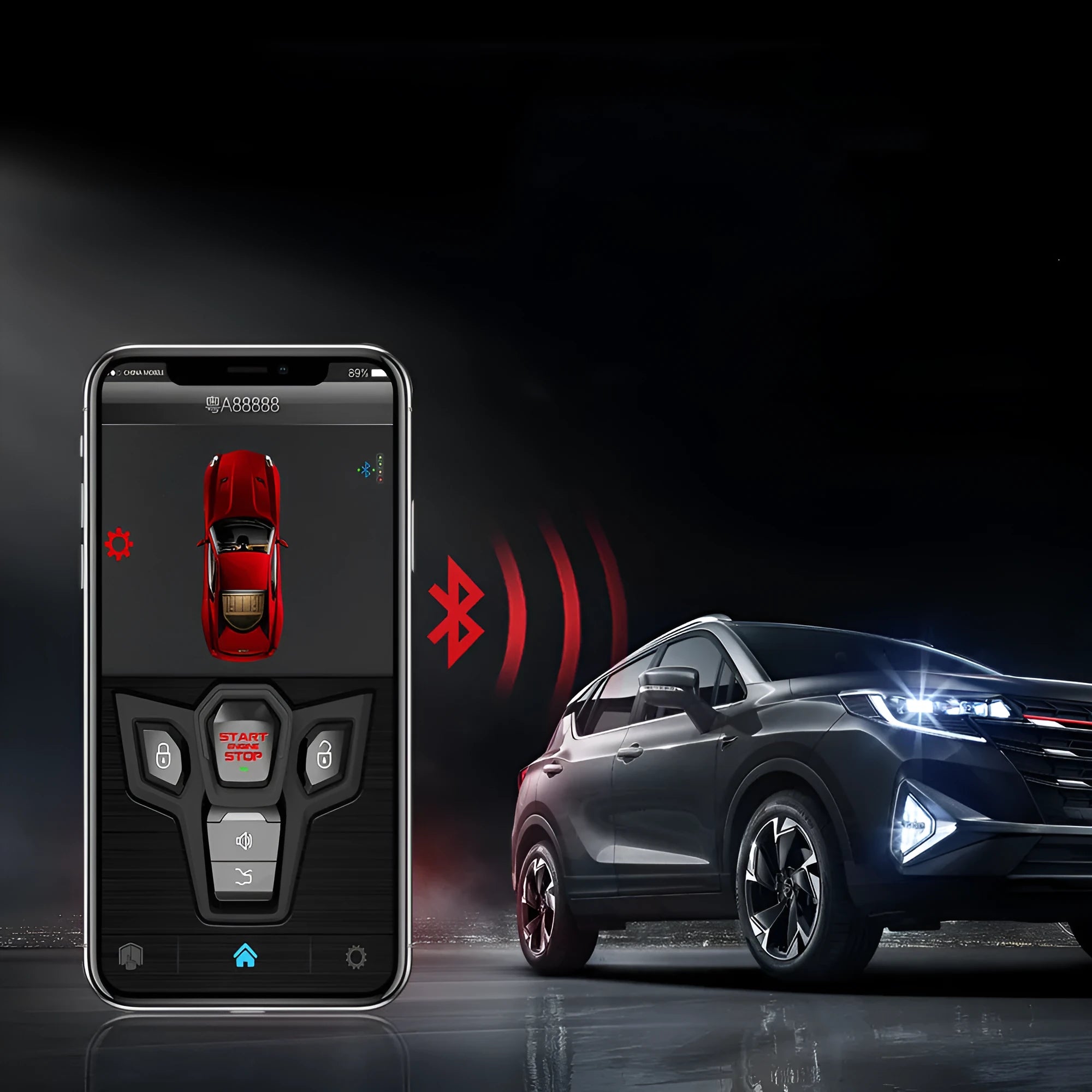 Red and frosted black car alarm system with remote controls showing 3000m range and 115dB siren specifications