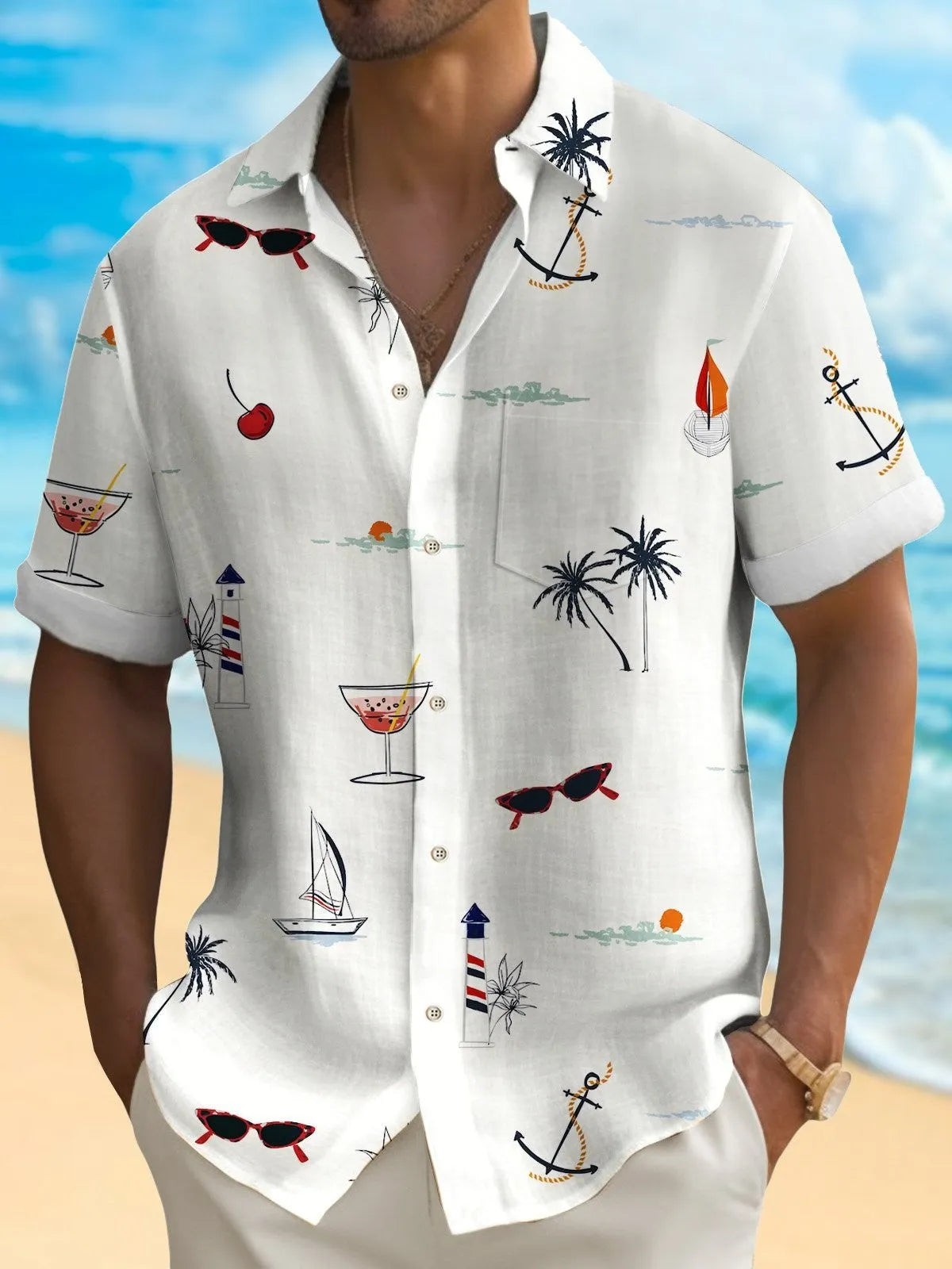 Men's loose fit Hawaiian shirt with digital printed pattern, short sleeves, available in multiple colours