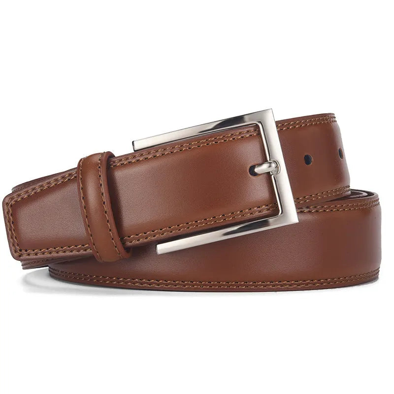 Men's genuine leather pin buckle belt in brown, showing the alloy buckle and belt length.