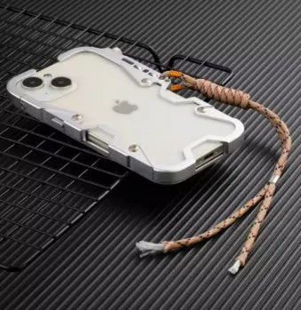 Robot Arm 13 metal frame phone case for iPhone 15 Pro Max in silver with tempered film and installation kit