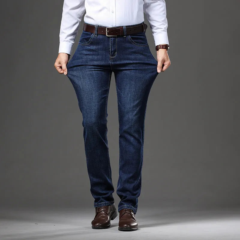 Men's black stretch jeans loose fit straight leg business casual trousers
