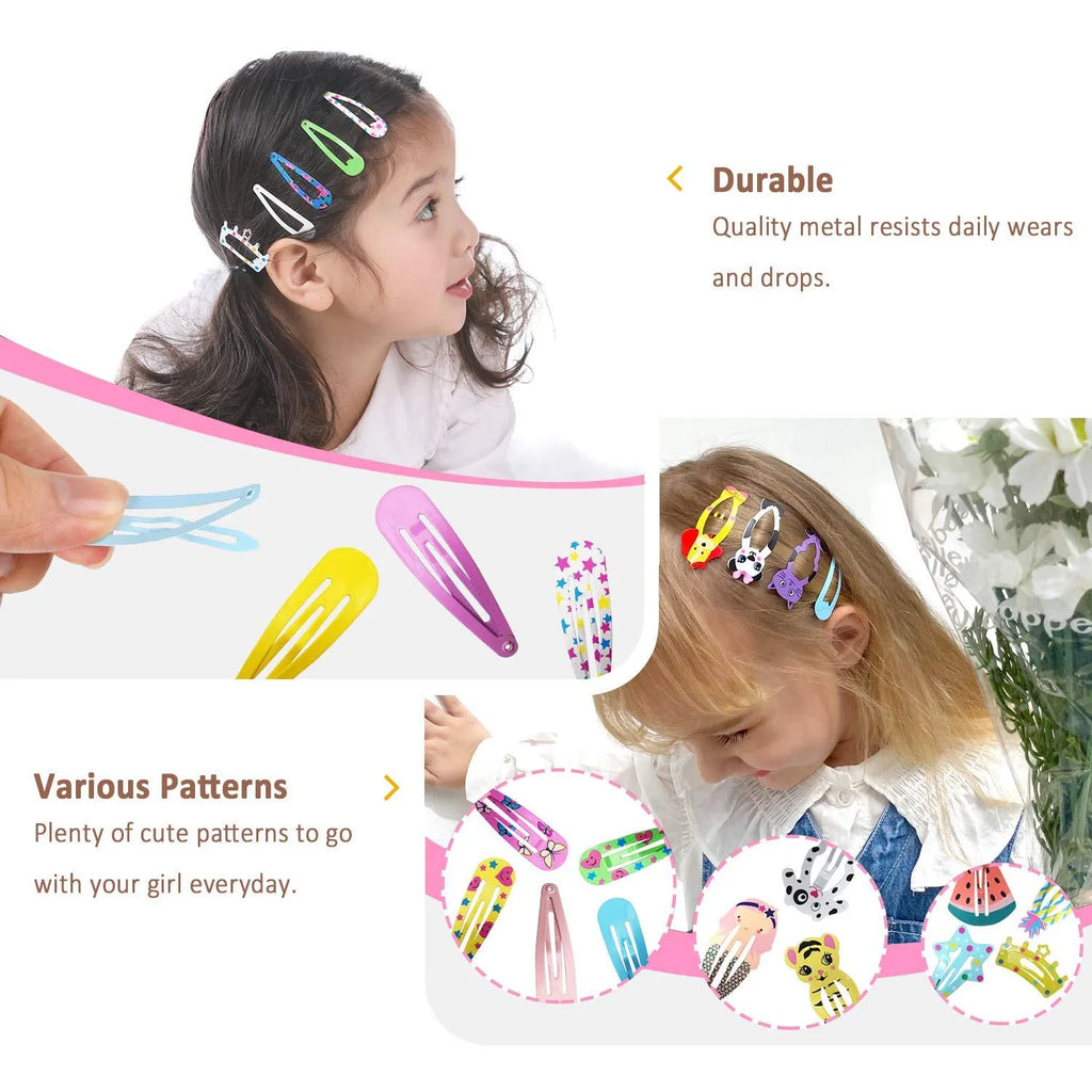 Assortment of 100 metal snap hair clips in candy colours with cartoon designs of animals, fruits, crowns, and stars
