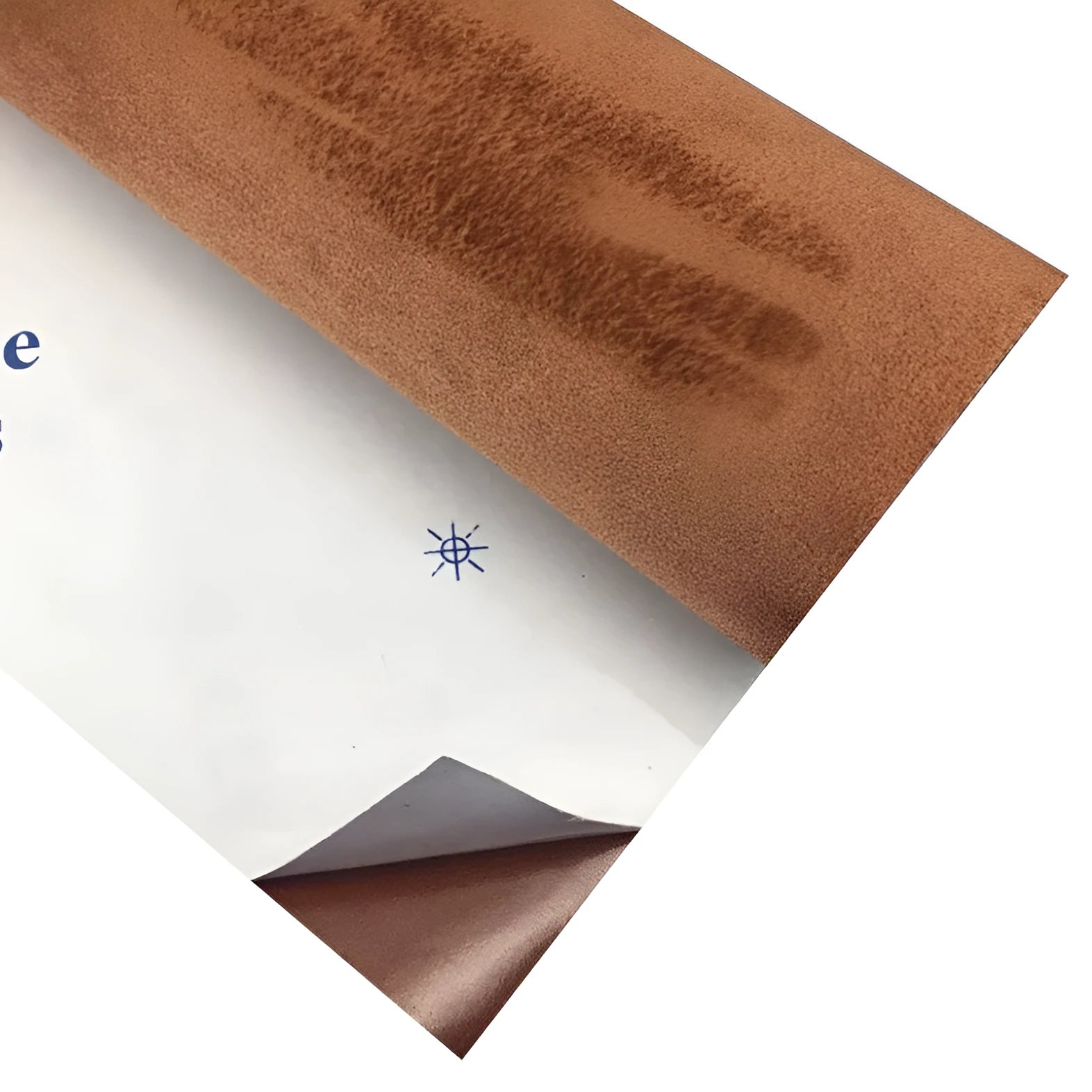Sheet of self-adhesive elastic suede in beige colour, showing its thickness and adhesive backing.
