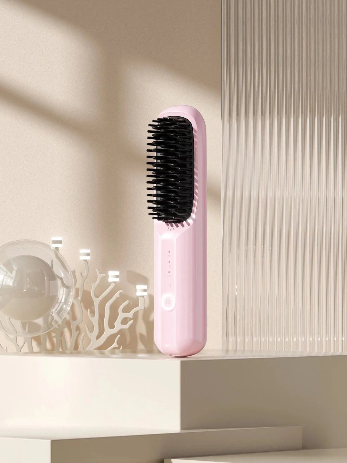 Wireless anion straightening comb in beige colour with ceramic plates and USB-C port