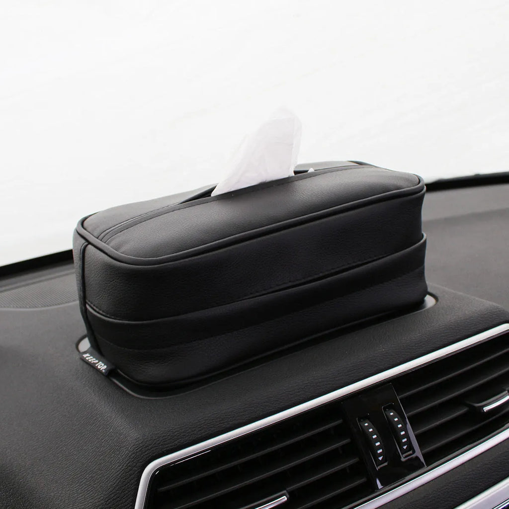 Black PU leather car hanging storage box with integrated paper bag holder
