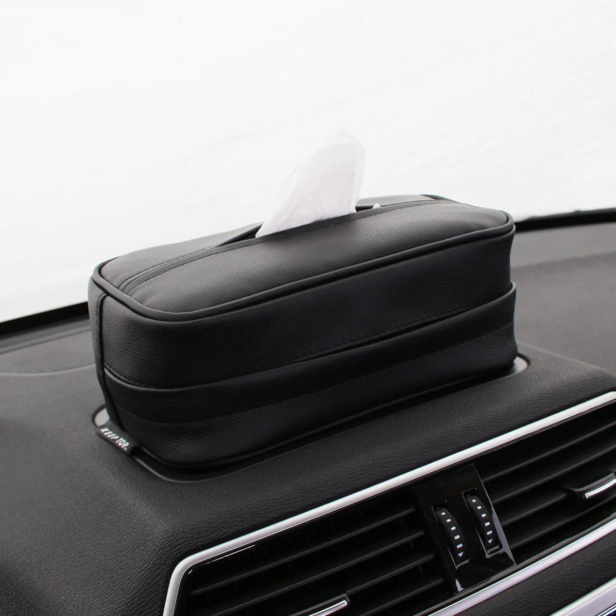 Black PU leather car hanging storage box with integrated paper bag holder