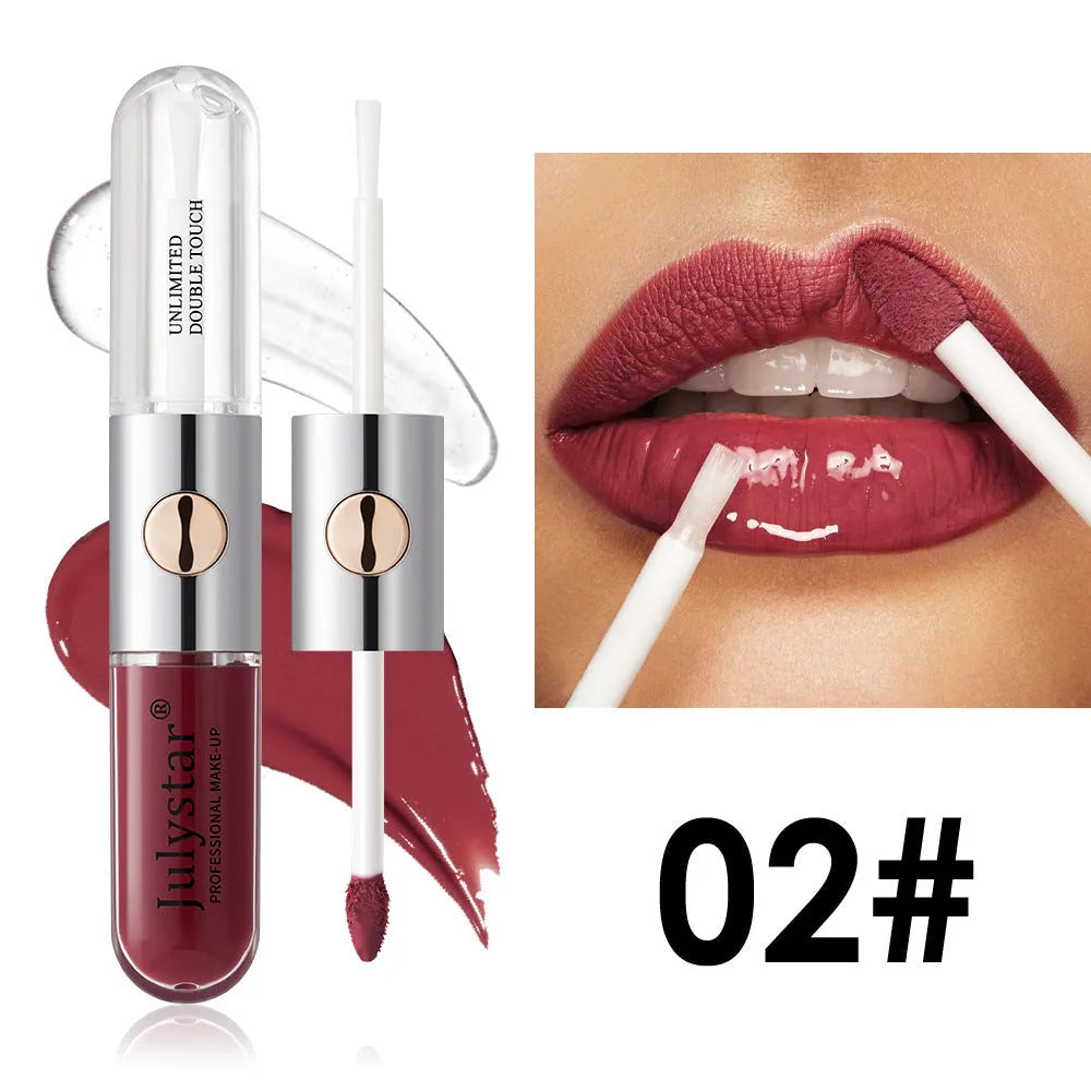 Women's lasting lip gloss tube showing 6ml content, available in nine colour style options for universal skin types