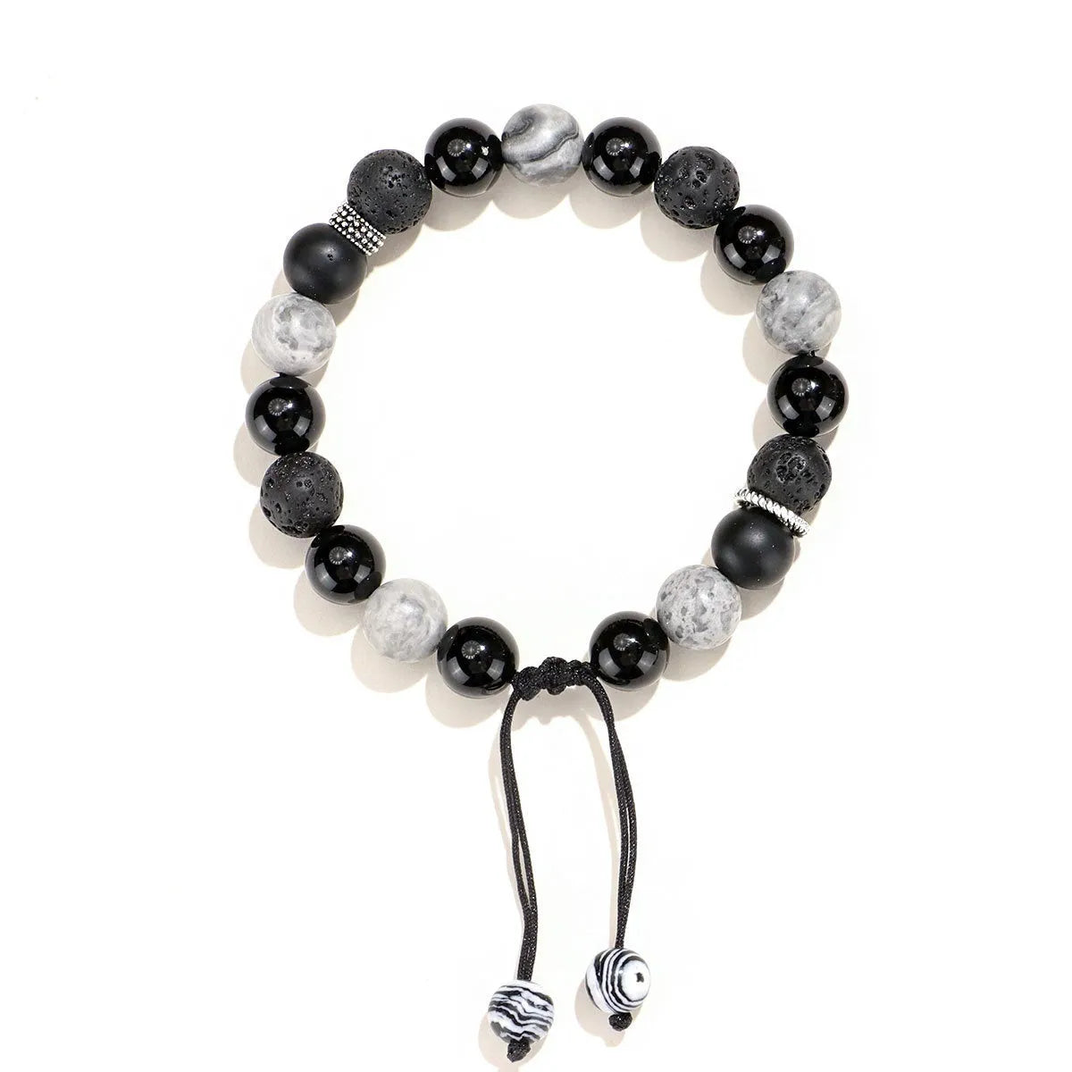 A black agate map stone volcanic rock bracelet with diamond-shaped beads in a New Chinese style unisex design.