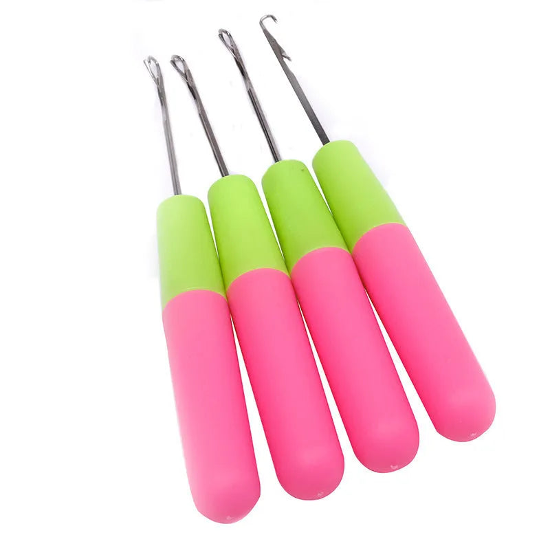 Crochet needle with yellow pink plastic handle and metal hook for dreadlock weaving