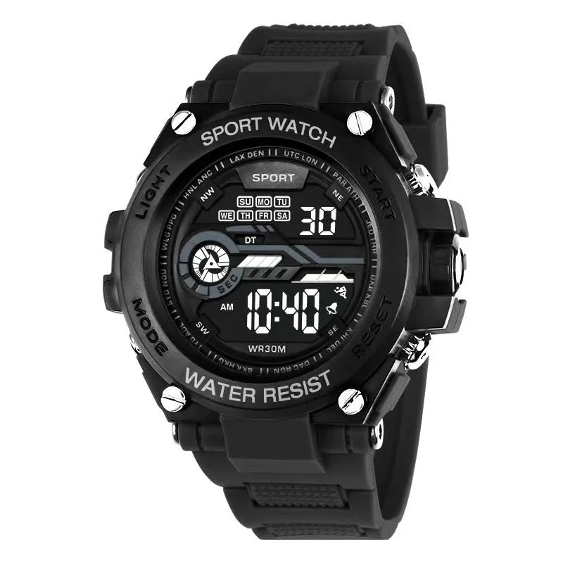 Digital electronic watch for teenagers and students showing LED display and colour options