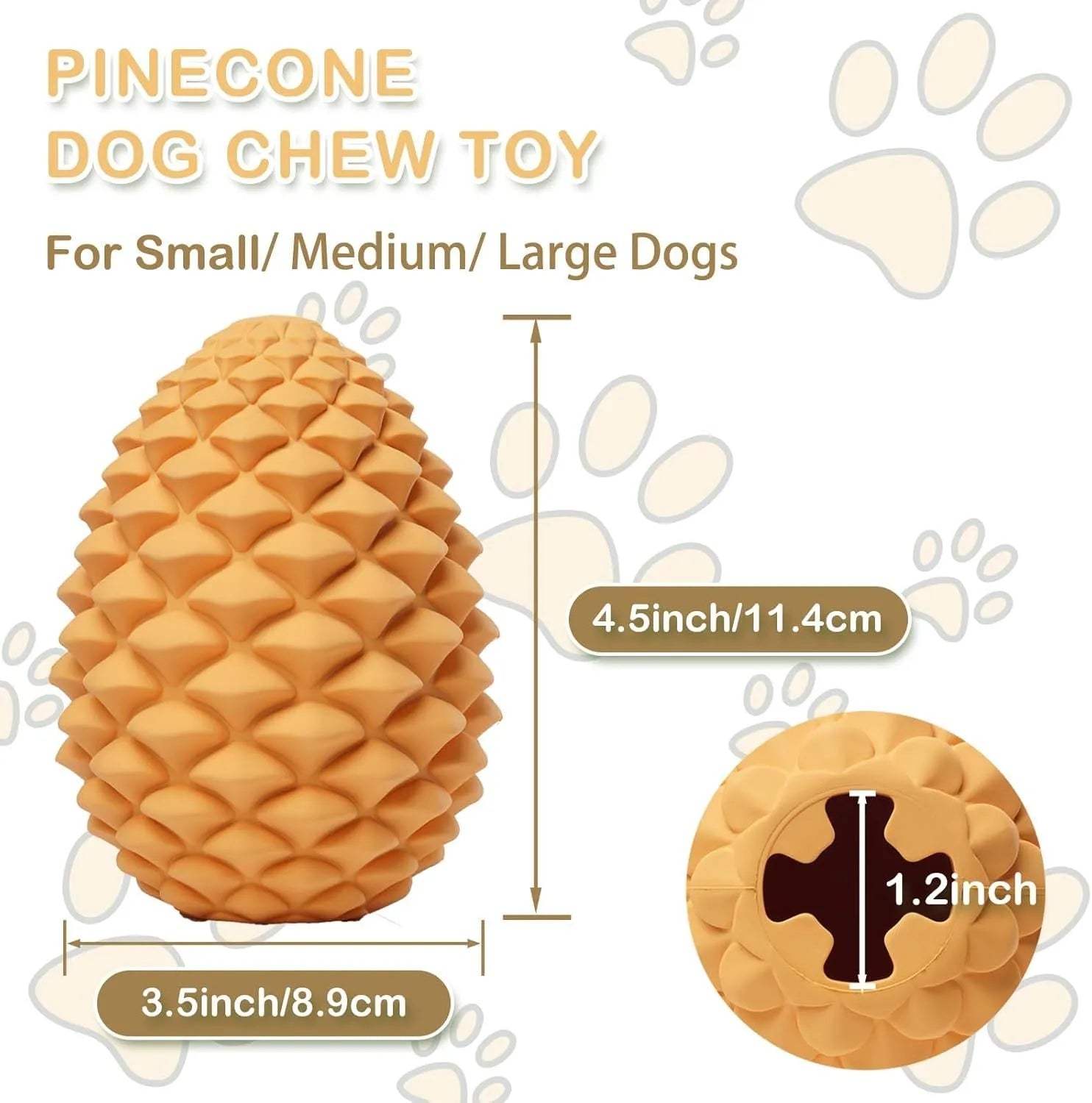 Yellow pine cone shaped tough dog toy made from natural rubber with treat dispenser for large breed dogs.