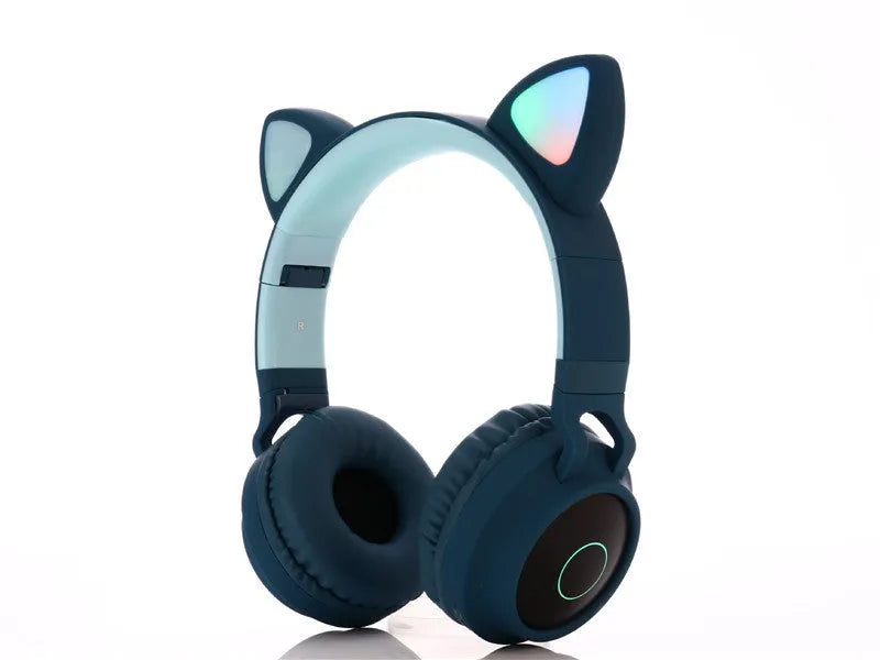 Pink cartoon cat ear wireless Bluetooth headset with headband, shown on a white background.