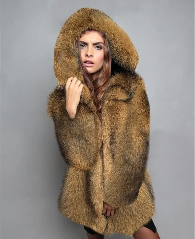 Silver grey artificial fur coat with mid-length 65cm design and loose trendy silhouette