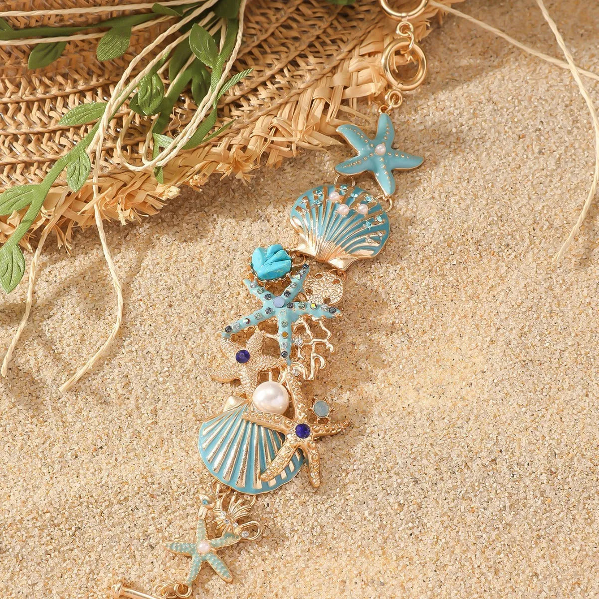 Alloy rhinestone boat anchor bracelet with starfish charm in turquoise coral red or blue