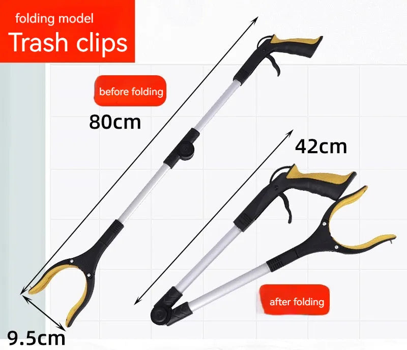 Folding aluminium household garbage clamp with magnetic pick-up sucker in silver with coloured handle