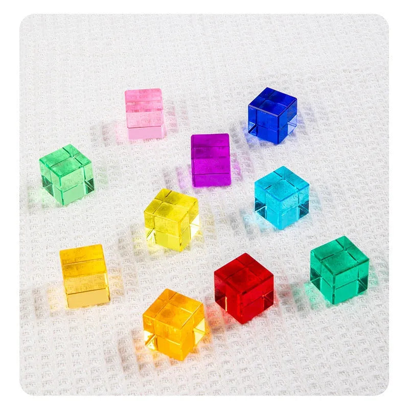 Wooden building block set with clear acrylic high permeability tiles on a tray, 29cm square