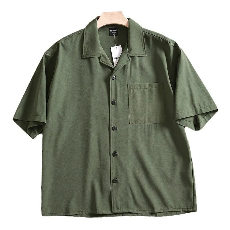 Men's lightweight pure cotton loose short sleeve shirt in solid colour