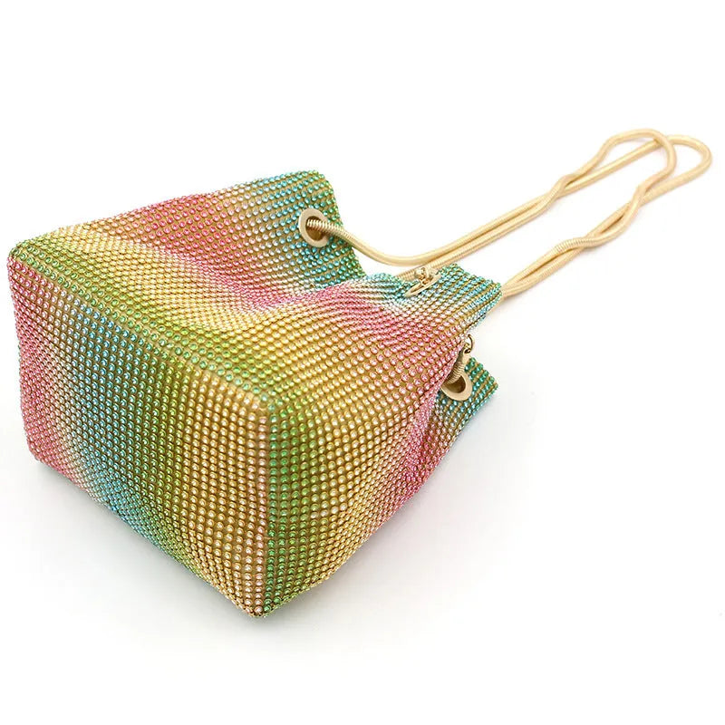 Net red rhinestone bucket bag with diamond texture and soft fabric construction