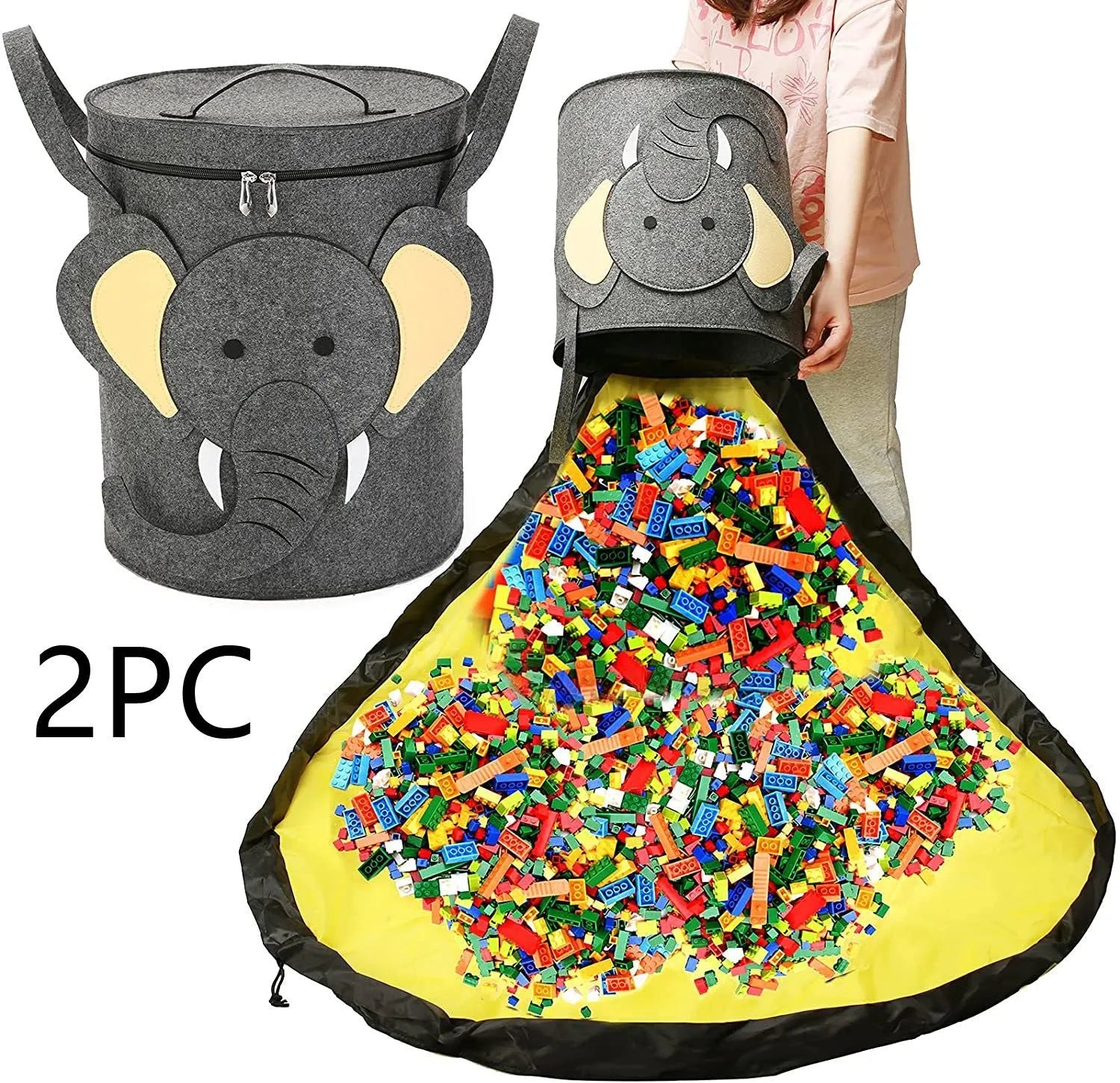 Green felt cube storage bag open as play mat with pull rope closure for children's toys