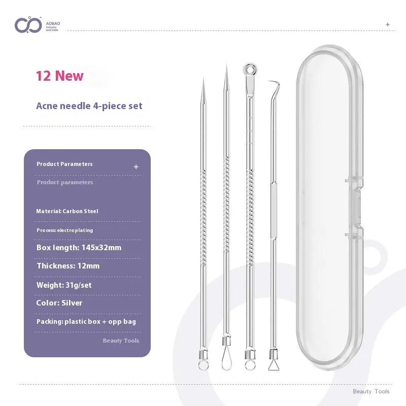 Set of four silver metal acne needles with pointed tips on a white background.