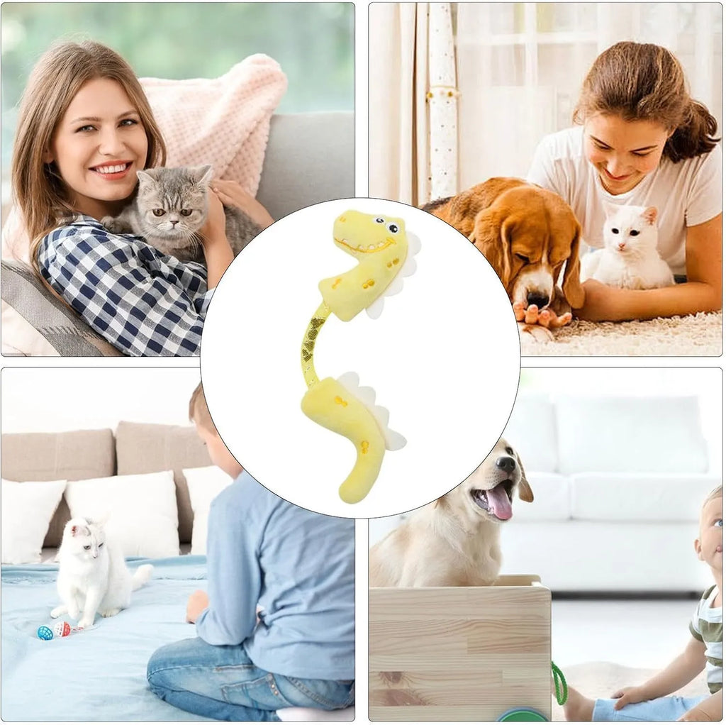 Four cat toys including rope, springs, and plush kicker toys in assorted colours
