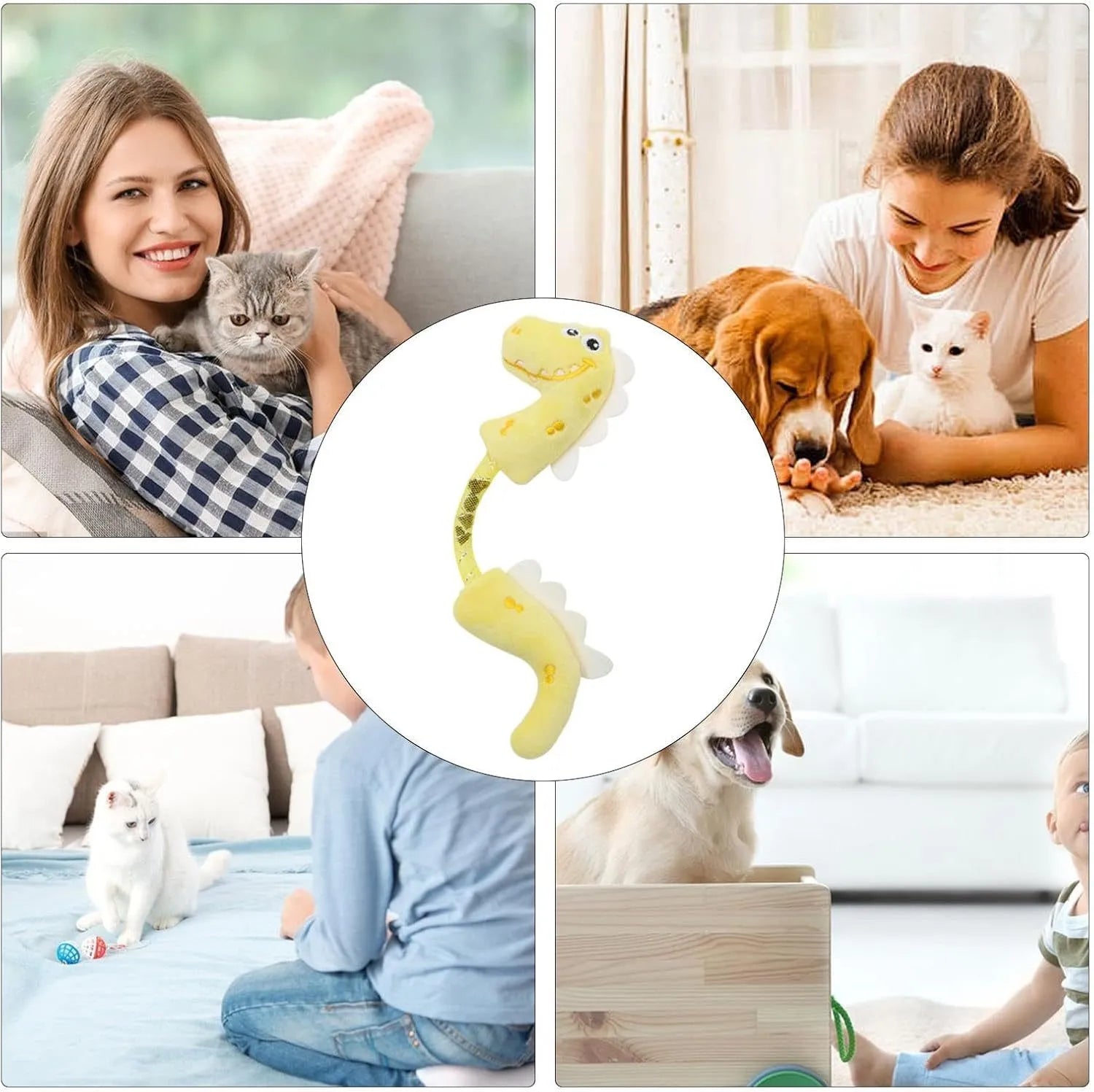 Four cat toys including rope, springs, and plush kicker toys in assorted colours