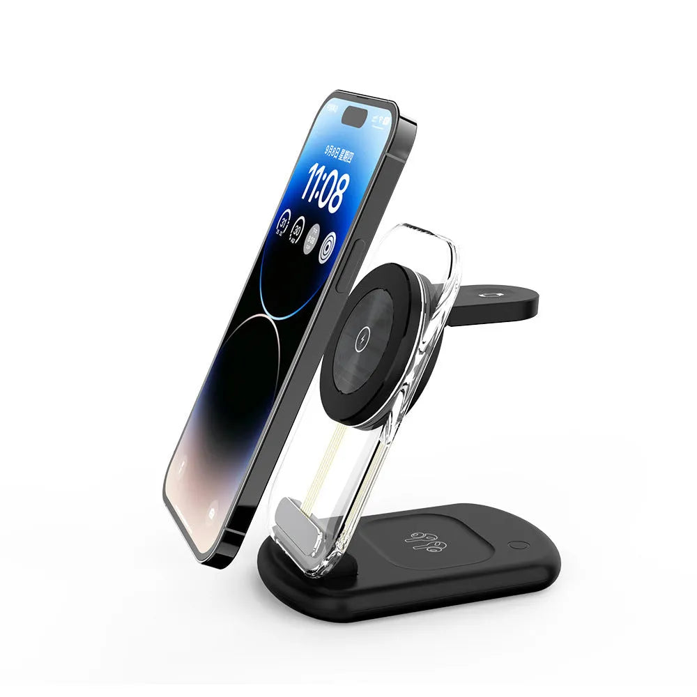 Transparent folding magnetic wireless charger showing three charging areas