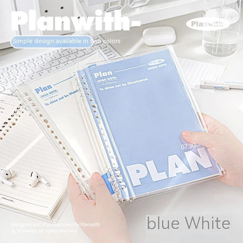 A5 clear PVC notebook case in white or blue colour, showing transparent front cover