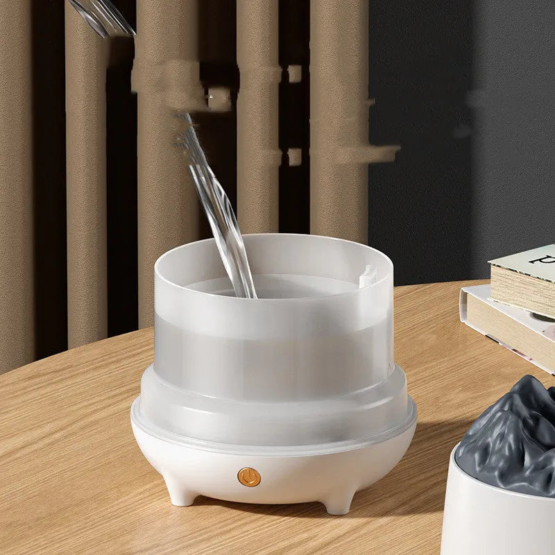 Volcano-shaped ultrasonic humidifier with USB power connection and single mist outlet