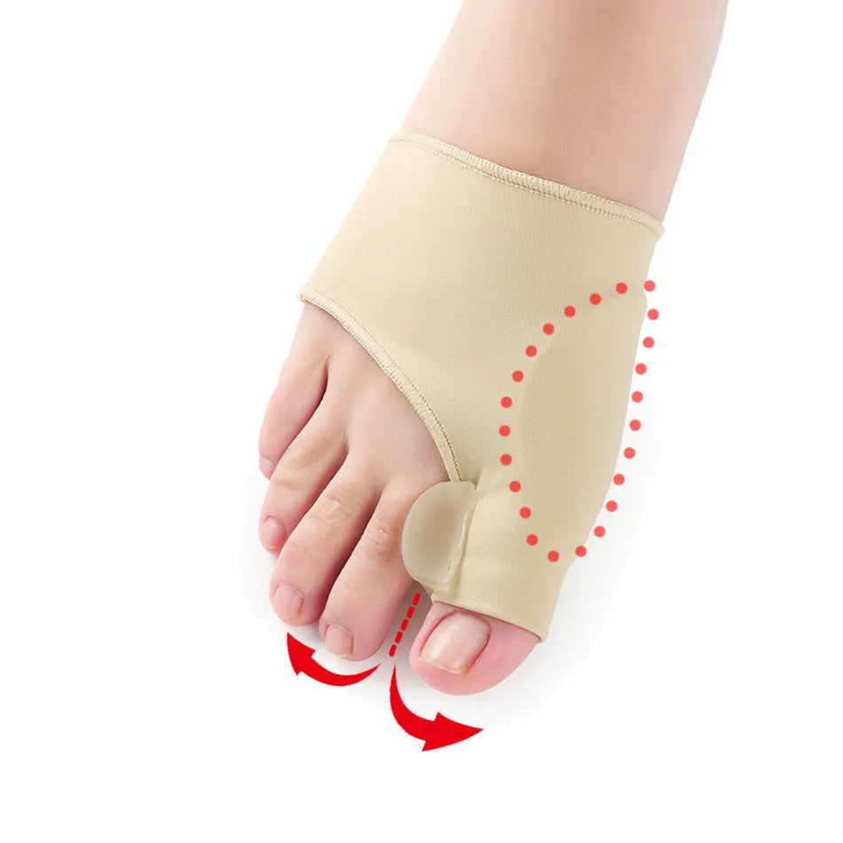 Corrective bunion relief socks with silicone gel pad and toe spacer in sizes S, M, L.