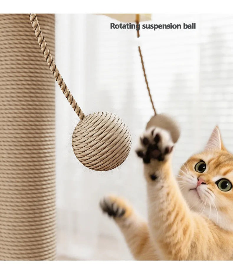 Scratch-resistant cat climbing frame with hanging ball toy on carpet leather surface