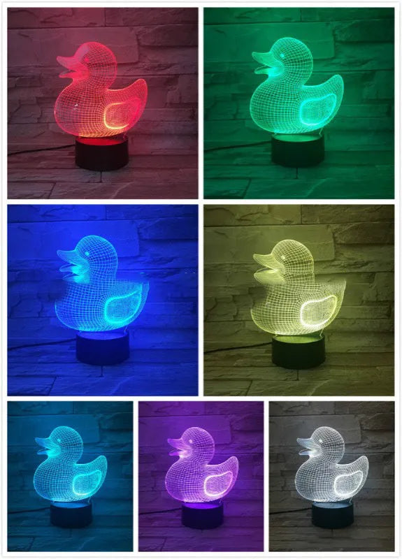 Little Yellow Duck 3D night light with acrylic panel on ABS base, showing remote control and USB cable.