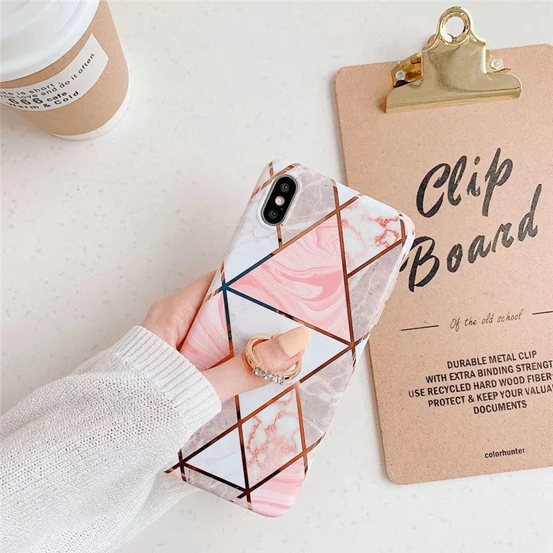 TPU geometric plating phone case with bracket ring for iPhone, in blue, pink, purple, or white colour options