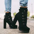 Women's suede ankle boots with thick heel in Roman style, showing decorative rivets and available in four colours