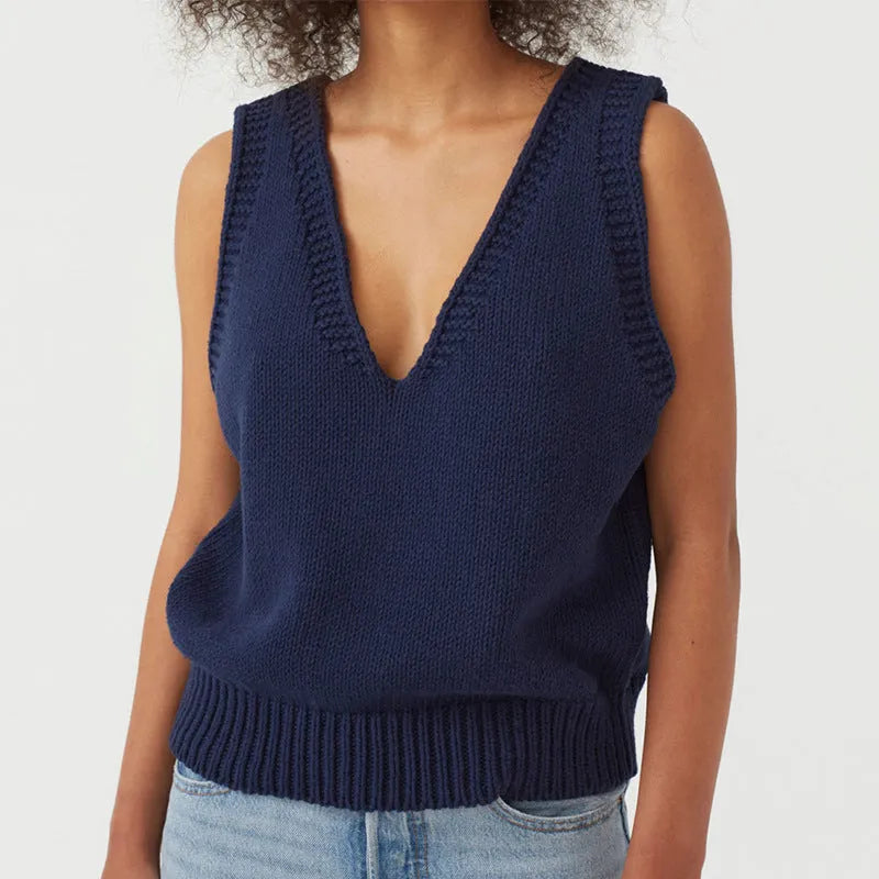 Ladies knitted vest sleeveless sweater pullover in acrylic, available in six colours including black and beige