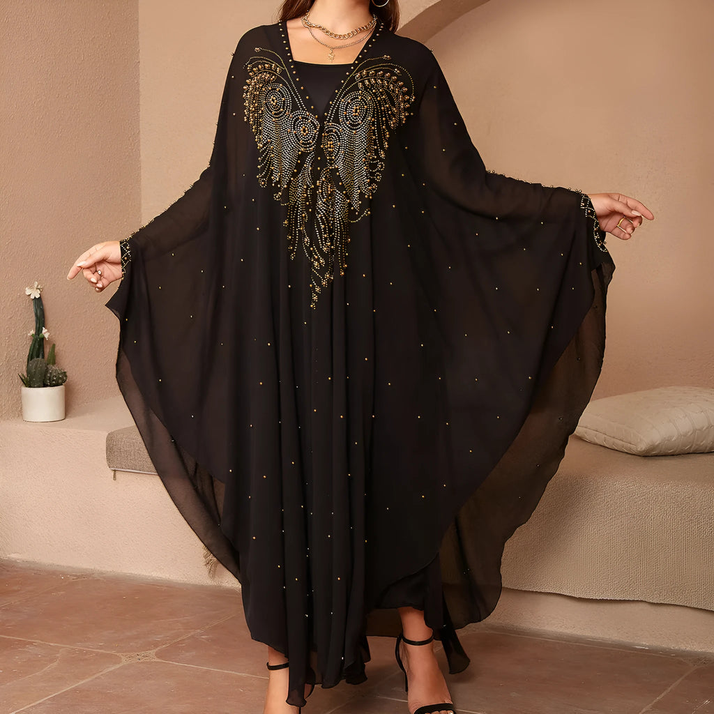 Muslim style chiffon cape shawl with rhinestone beaded trim in various colours showing 135-175cm length