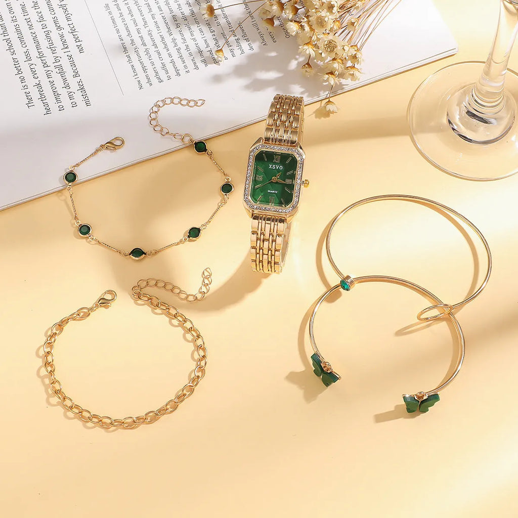 Gold green square steel women's watch with four matching alloy bracelets