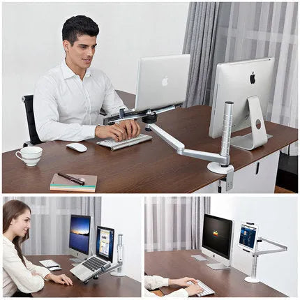OA-1 aluminium alloy laptop stand with height adjustable arm and rotating platform on a desk