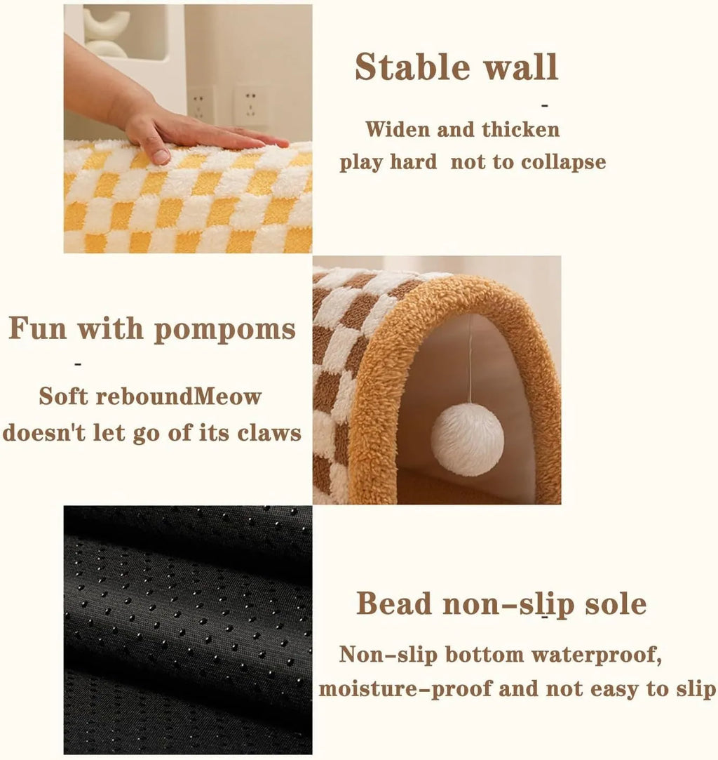 Brown plush plaid cat tunnel bed with central mat for indoor cats