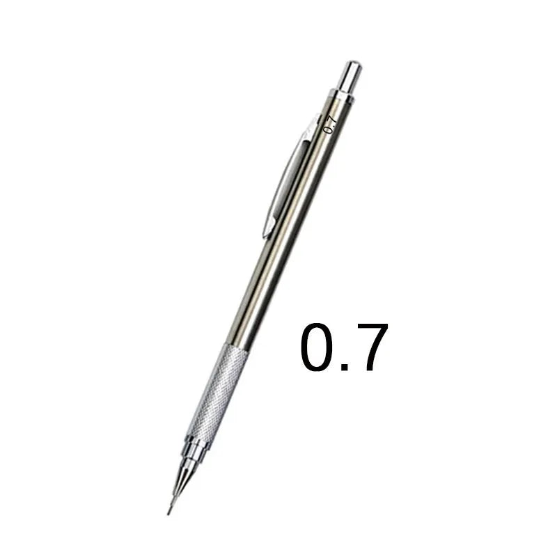 Metal automatic mechanical pencil with various lead specifications displayed