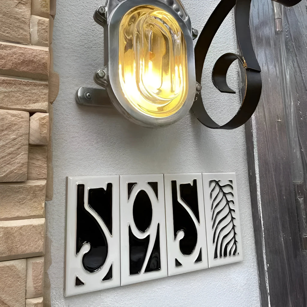 Handmade retro enamel ceramic doorplate showing a number, dimensions 76mm by 152mm