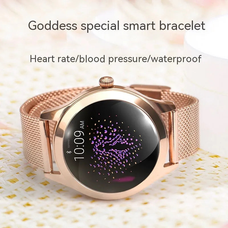 Women's multi-functional sports smartwatch showing heart rate monitoring and waterproof features