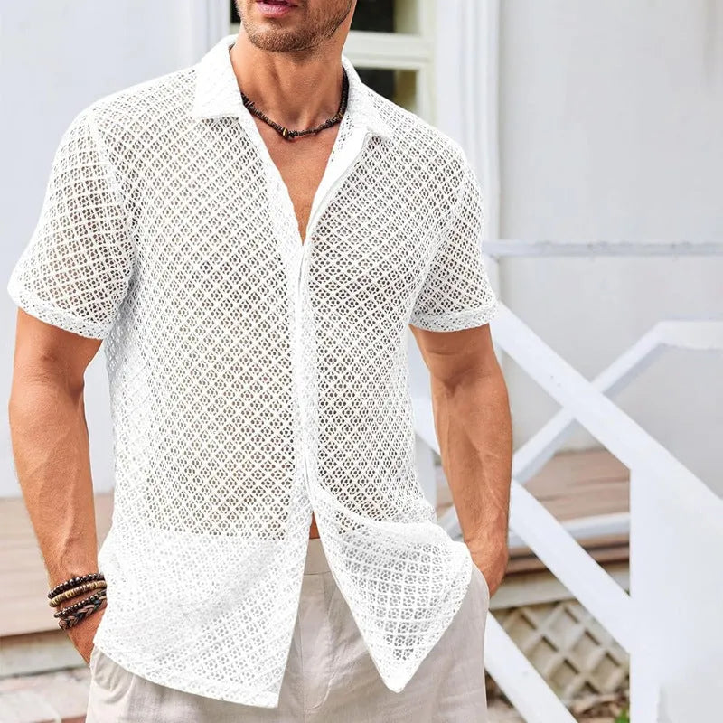 Men's short sleeve mesh cardigan shirt in cotton blend fabric available in beige, black, and white colours