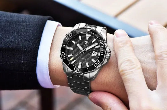 Men's mechanical watch PD-1617 with stainless steel case and strap, silver dial, black details, 14.3mm dial
